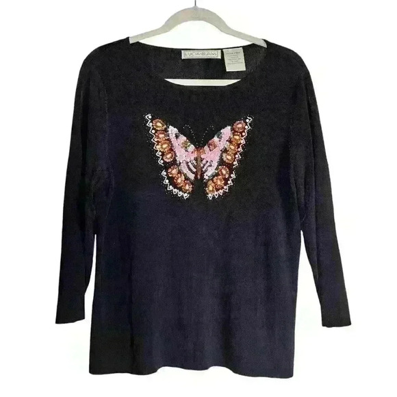 Lucia Burns Sz XL Long‎ Sleeve Butterfly Shirt Beaded - Picture 1 of 9